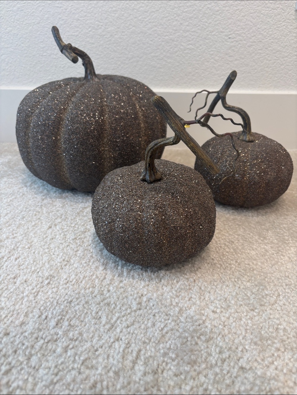 Three Dark Champagne Glittered Decorative Pumpkin Trio with Faux Wooden Stems